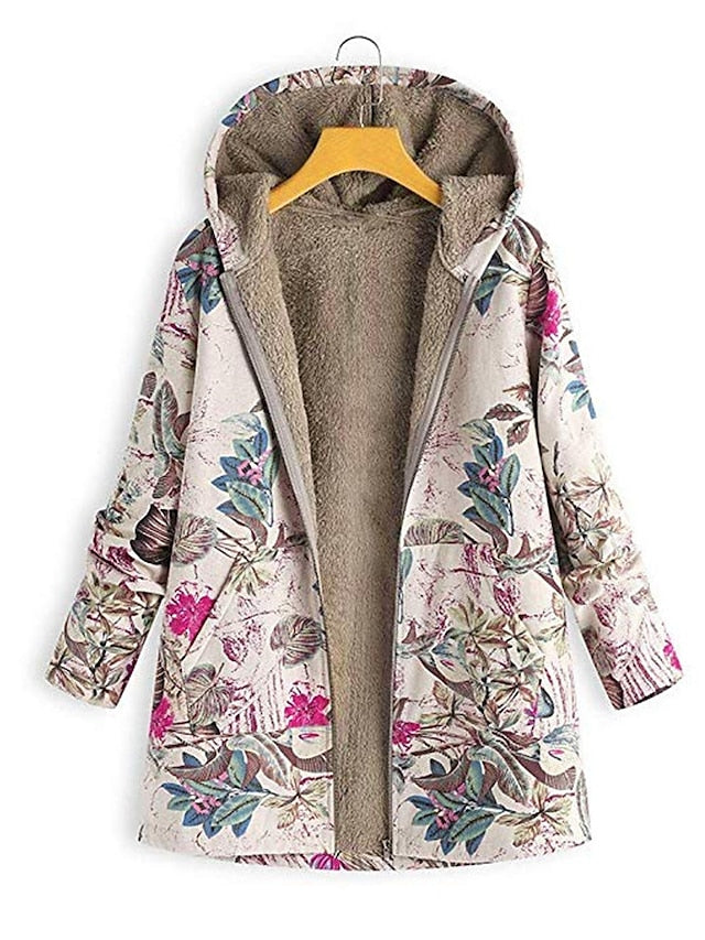 Women's Winter Jacket Sherpa jacket Fleece Jacket Teddy Coat Daily Going out Winter Fall Regular Coat V Neck Loose Fit Warm Casual Retro Jacket Long Sleeve Trees / Leaves Pocket White Pattern Pink - LuckyFash™