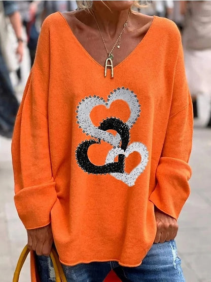 Women's Pullover Sweater Jumper V Neck Ribbed Knit Polyester Oversized Fall Winter Daily Going out Weekend Stylish Casual Soft Long Sleeve Heart Letter Maillard Orange 1 White Orange 2 S M L