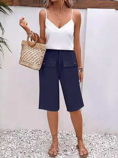 Women's Shorts Linen Cotton Blend Plain Black Navy Blue Casual Daily Knee Length Weekend Summer