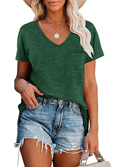 Women's T shirt Tee Plain Solid Colored Casual Daily Pocket Black Short Sleeve Basic Casual V Neck