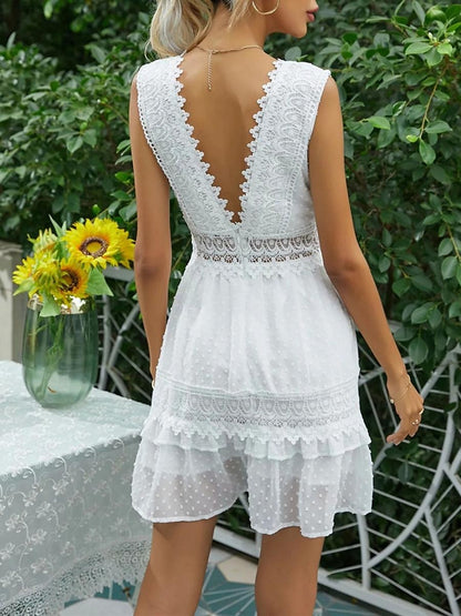 Women's White Lace Wedding Dress Mini Dress Cotton with Sleeve Date Vacation Streetwear A Line V Neck Sleeveless White Color