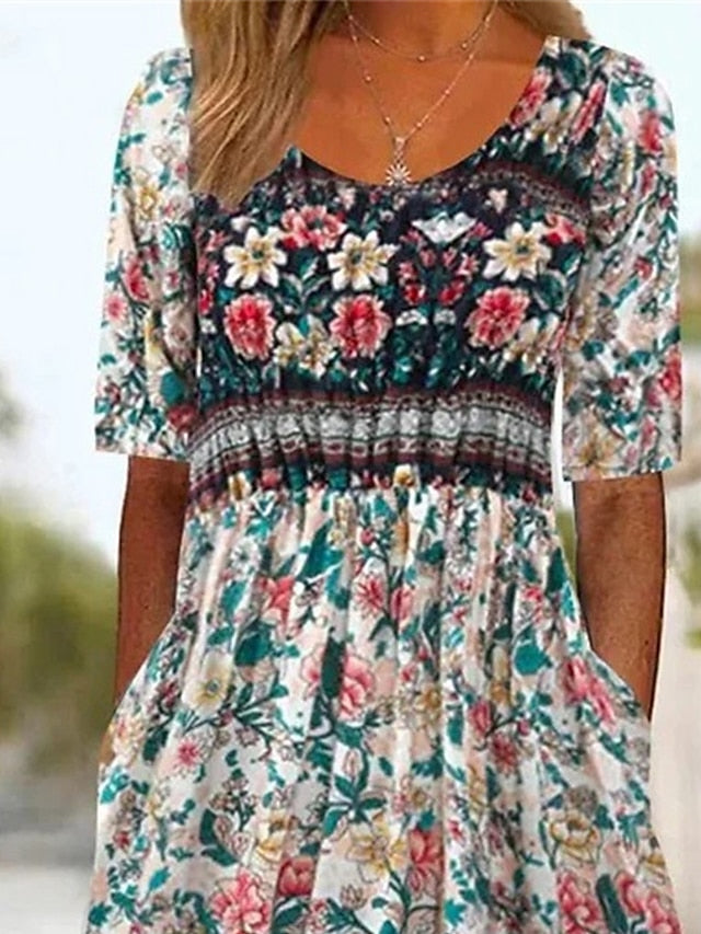 Women's Casual Dress Summer Dress Boho Dress Floral Ruched Pocket Crew Neck Midi Dress Fashion Modern Outdoor Daily Short Sleeve Regular Fit Pink Dark Blue Light Blue Summer Spring S M L XL XXL - LuckyFash™