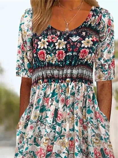 Women's Casual Dress Summer Dress Boho Dress Floral Ruched Pocket Crew Neck Midi Dress Fashion Modern Outdoor Daily Short Sleeve Regular Fit Pink Dark Blue Light Blue Summer Spring S M L XL XXL - LuckyFash™