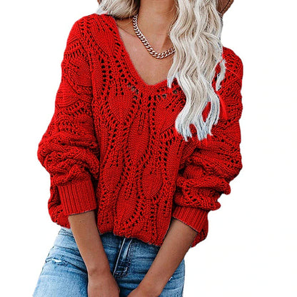 Women's Sweater Pullover Jumper V Neck Crochet Knit Acrylic Hollow Out Knitted Thin Drop Shoulder Fall Winter Halloween Daily Going out Stylish Sexy Soft Long Sleeve Solid Color Red Blue Orange S M L