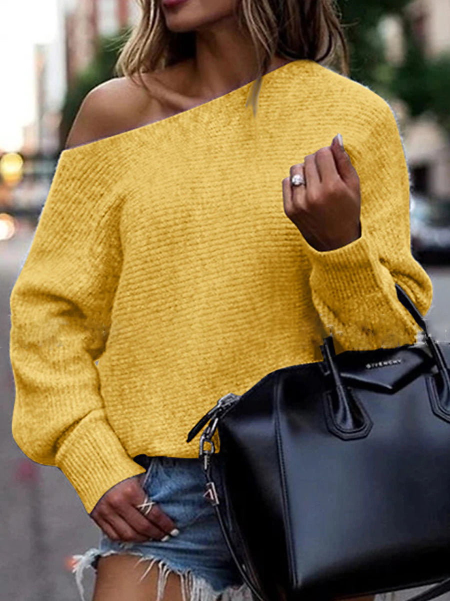 Women's Pullover Sweater Jumper Off Shoulder Ribbed Knit Acrylic Oversized Fall Winter Outdoor Valentine's Day Daily Stylish Casual Soft Long Sleeve Solid Color Black Yellow Pink S M L