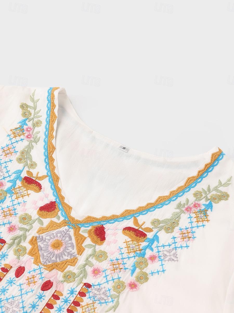 Women's Summer Tops Blouse Embroidered White Half Sleeve V Neck Summer Spring