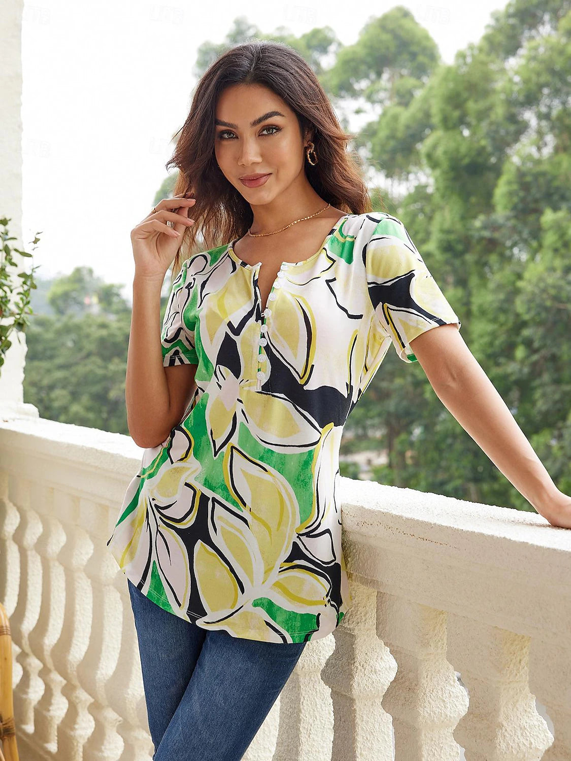 Women's Summer Tops Floral Weekend Button Print Green Short Sleeve Basic Round Neck Summer