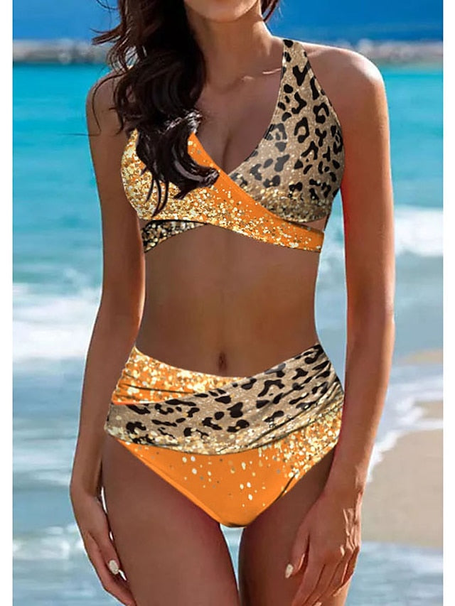 Women's Swimwear Bikini Normal Swimsuit Halter 2 Piece Printing Leopard Red Orange Green Bathing Suits Sports Holiday Summer - LuckyFash™