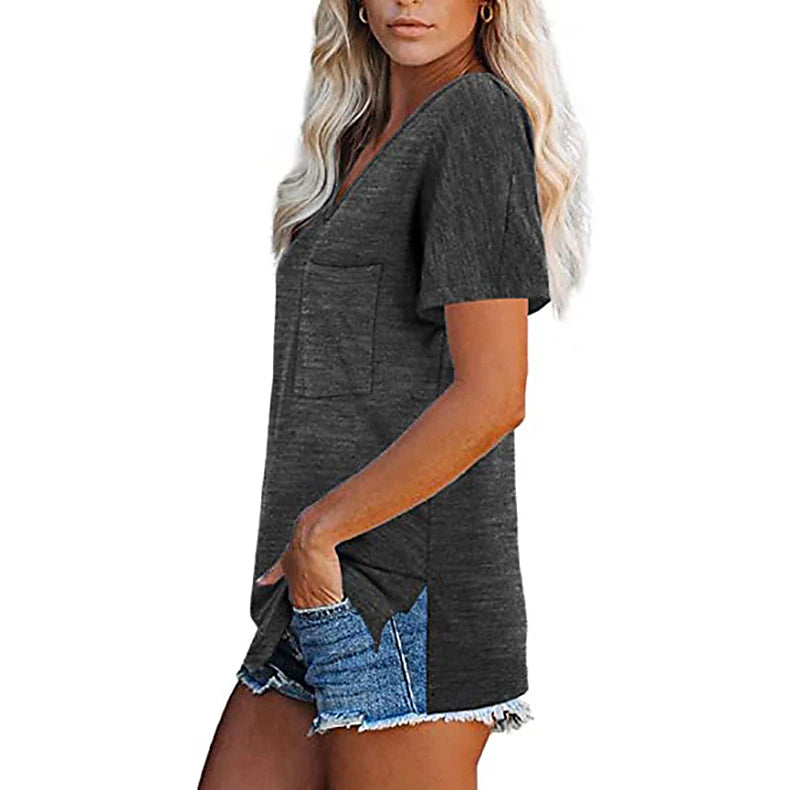 Women's T shirt Tee Plain Solid Colored Casual Daily Pocket Black Short Sleeve Basic Casual V Neck