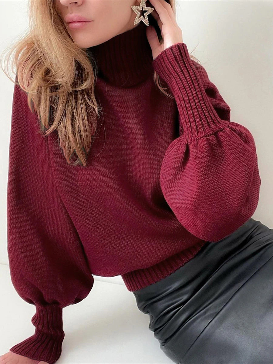 Women's Pullover Sweater Jumper Turtleneck Stand Collar Ribbed Knit Cotton Oversized Summer Fall Outdoor Daily Going out Stylish Casual Soft Long Sleeve Solid Color Black White Wine S M L