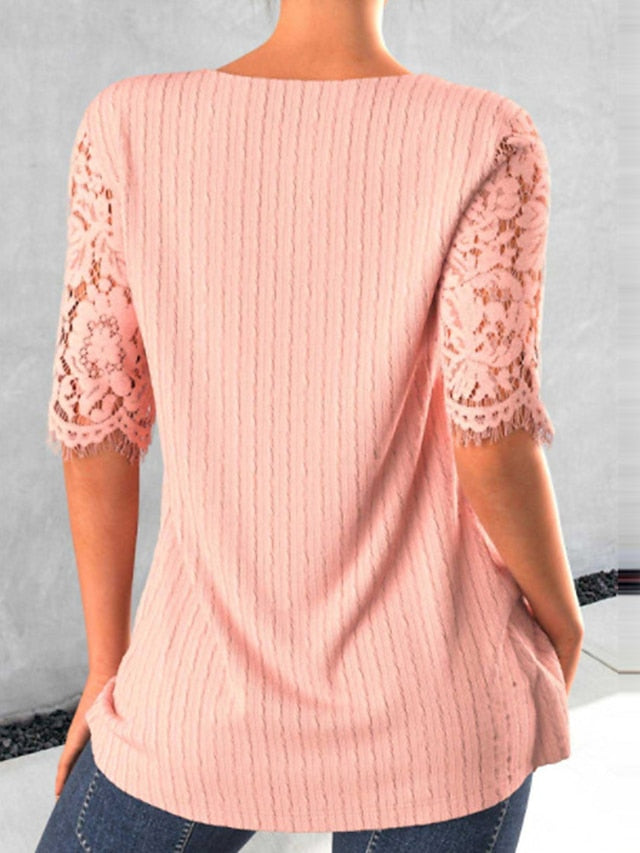 Women's Pullover Sweater Jumper Jumper Cable Knit Lace Trims Hole Pure Color Crew Neck Stylish Casual Outdoor Daily Summer Spring White Pink S M L - LuckyFash™