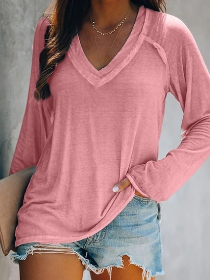 Women's T shirt Tee White Pink Blue Plain Solid Colored Patchwork Long Sleeve Daily Weekend Basic V Neck Regular Loose Fit S