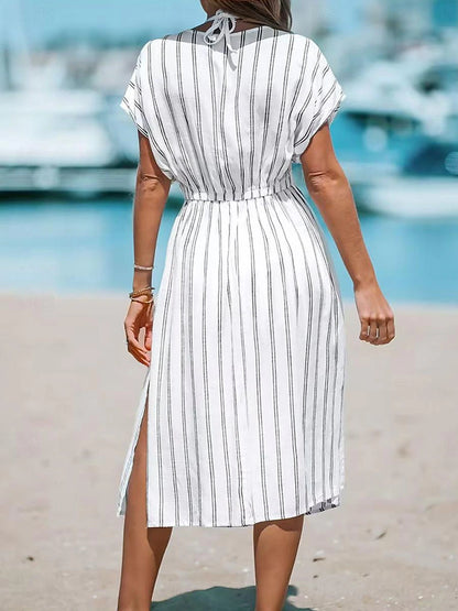 Women's White Dress Split Print V Neck Midi Dress Daily Date Short Sleeve Summer