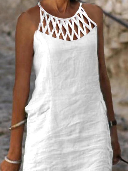 Women's Casual Dress Cotton Linen Dress Shift Dress Mini Dress Cotton Blend Modern Casual Outdoor Daily Vacation Halter Ruched Hollow Out Sleeveless Summer Spring 2023 Regular Fit Black White Blue - LuckyFash™