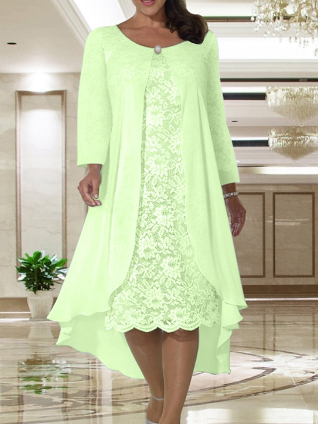 Two Piece A-Line Mother of the Bride Dress Plus Size Elegant Jewel Neck Tea Length Chiffon Lace Short Sleeve Jacket Dresses with Solid Color 2023 - LuckyFash™