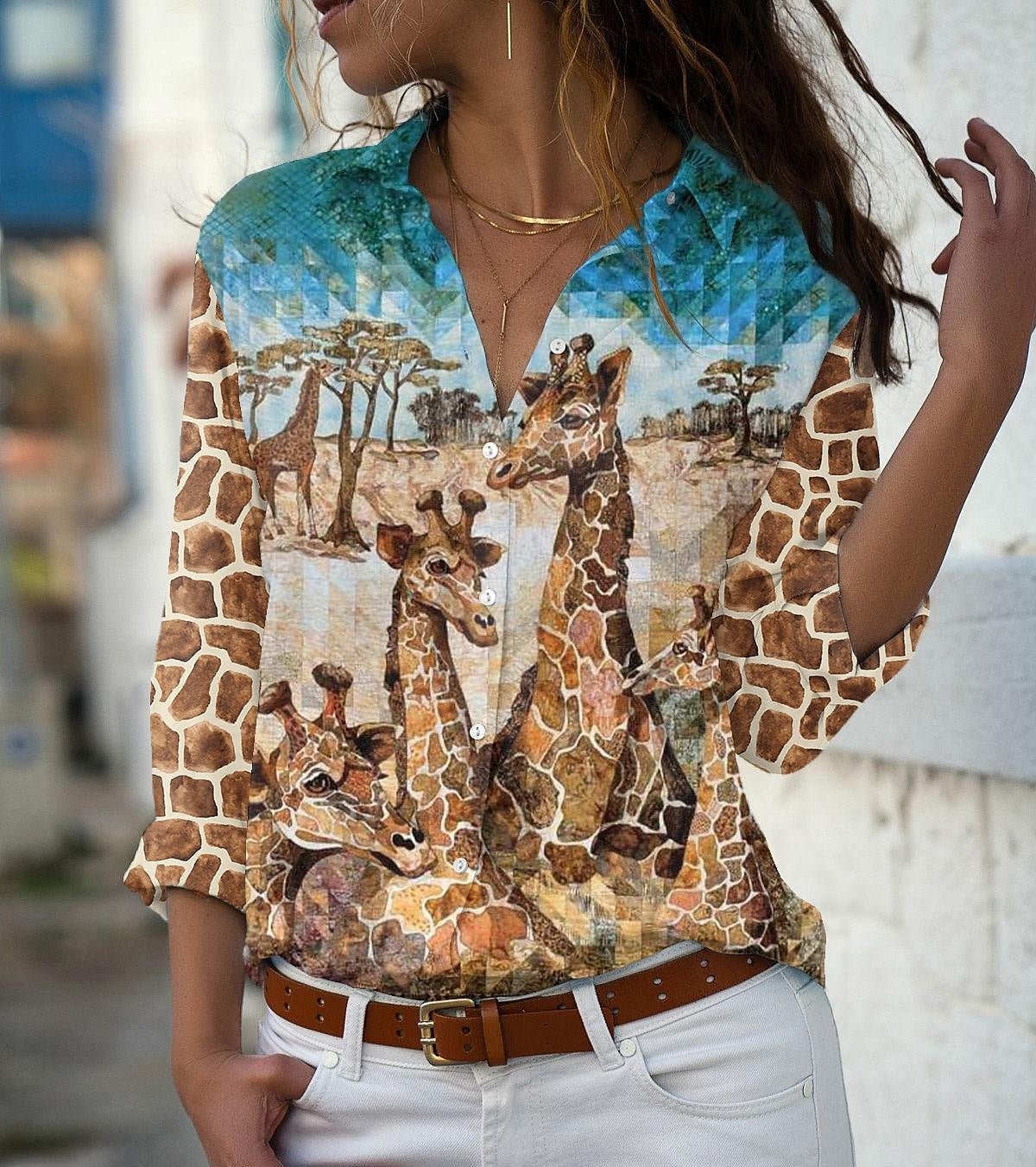 Women's Shirt Blouse Brown Animal Giraffe Button Print Long Sleeve Daily Weekend Basic Shirt Collar Regular S