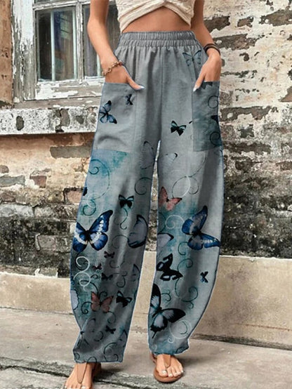 Women's Wide Leg Pants Trousers Faux Linen White Yellow Red Casual Holiday Weekend Side Pockets Full Length Comfort Floral S M L XL 2XL - LuckyFash™