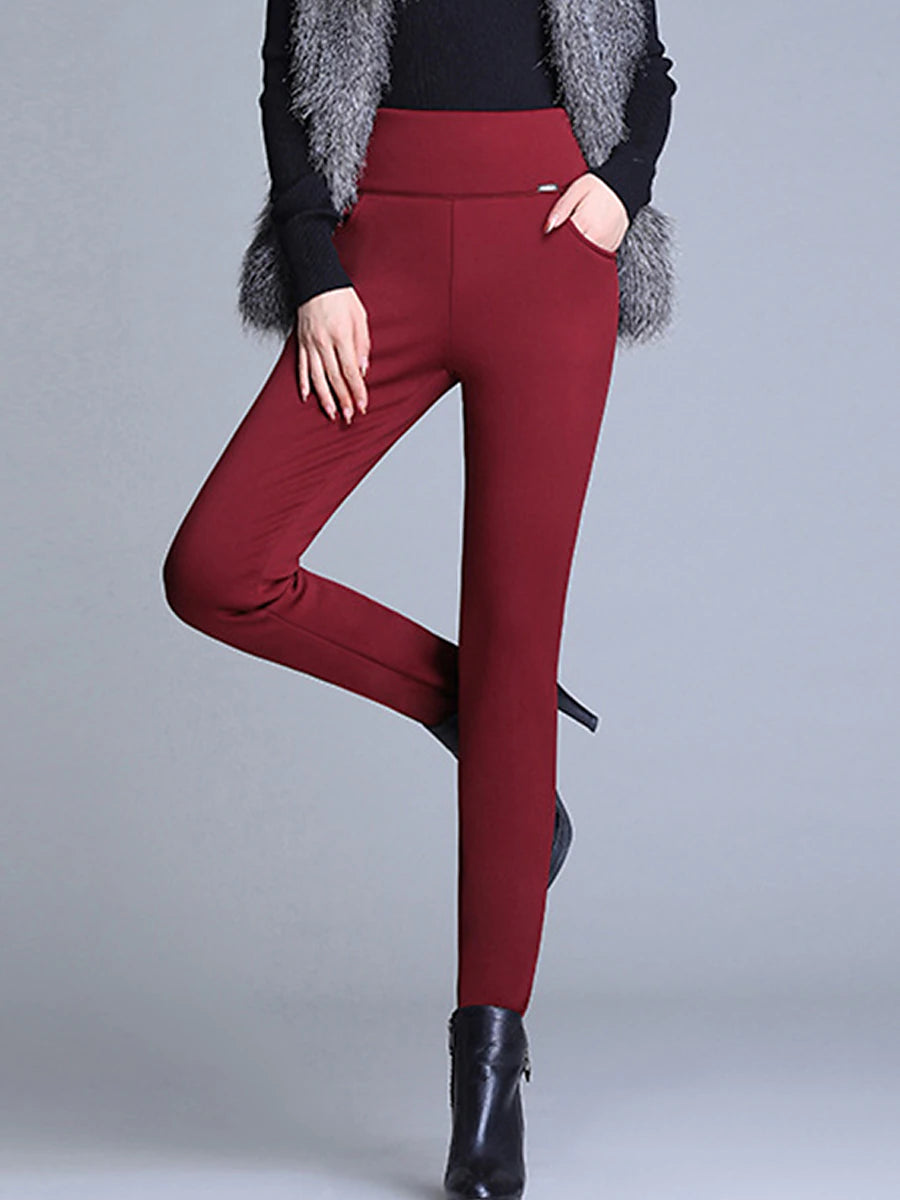 Women‘s Fleece Lined Leggings Full Length Pocket Micro-elastic High Waist Fashion Streetwear Street Daily claret Black S M Winter