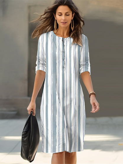 Women's White Dress Casual Dress Cotton Linen Dress Midi Dress Button Print Daily Vacation Crew Neck 3/4 Length Sleeve Summer Spring Fall White Royal Blue Geometric Striped