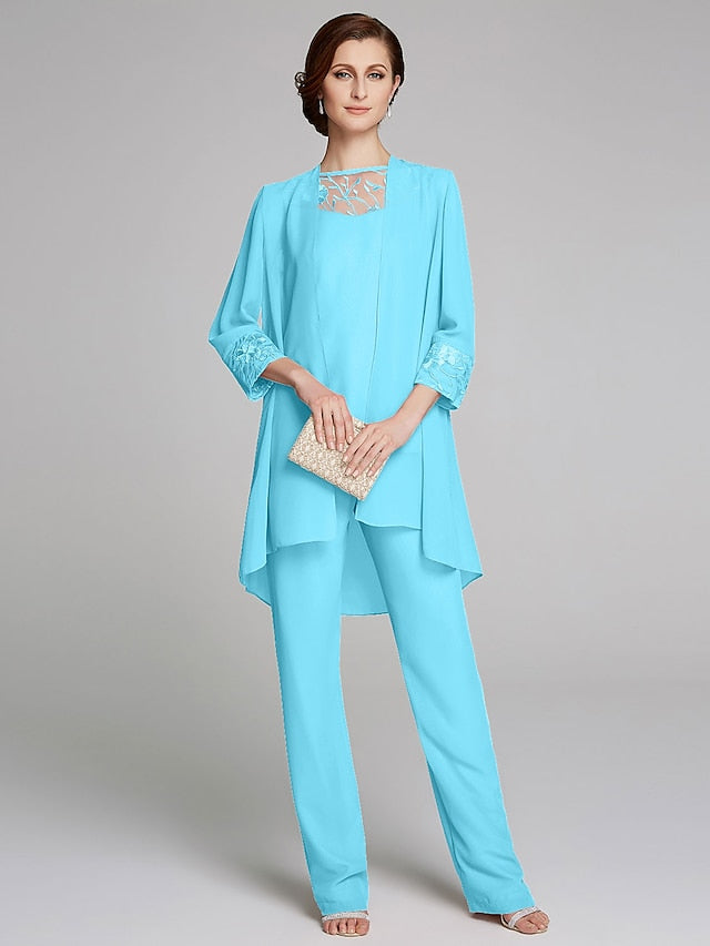 Jumpsuit / Pantsuit Mother of the Bride Dress Formal Wrap Included Jewel Neck Floor Length Chiffon Lace 3/4 Length Sleeve with Beading 2023 - LuckyFash™