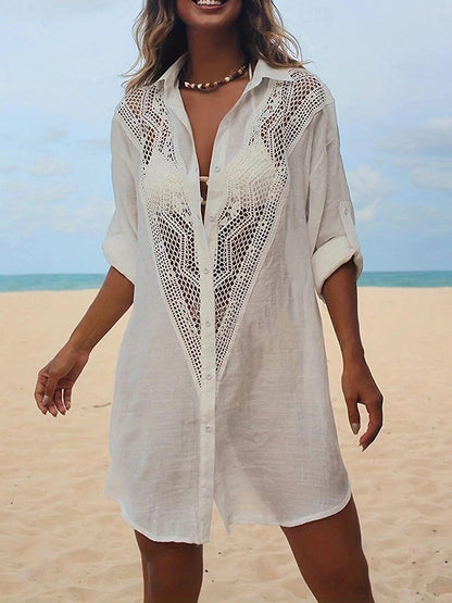 Women's White Dress Shirt Dress Cover Up Mini Dress Cotton Patchwork Button Vacation Beach Hawaiian Shirt Collar Long Sleeve Black White Color