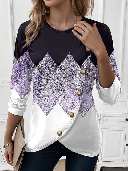 Women's T shirt Tee Plaid Casual Print Purple Long Sleeve Fashion Crew Neck Spring &  Fall