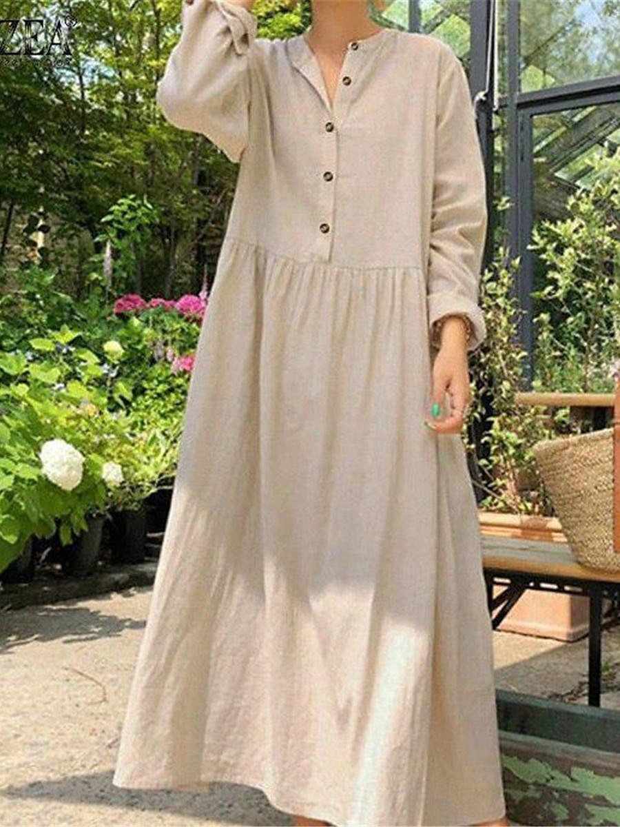 Women's Shirt Dress Casual Dress Cotton Linen Dress Maxi long Dress Button Basic Daily Split Neck Long Sleeve Summer Spring Black Wine Plain