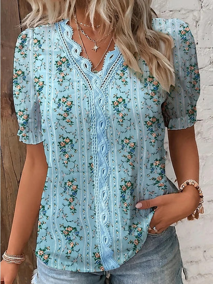 Women's Shirt Boho Shirt Lace Shirt Blouse Floral Casual Holiday Print Lace Trims Blue Short Sleeve Basic V Neck