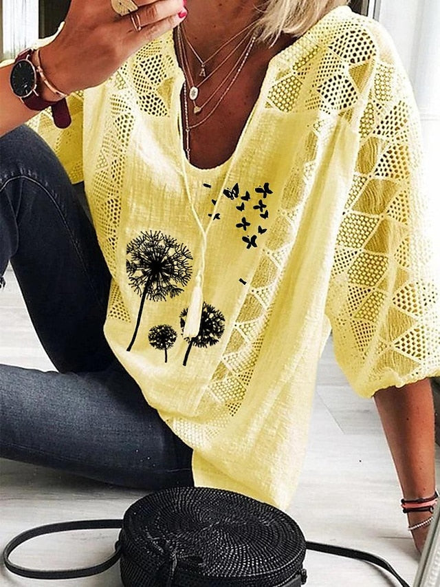 Women's Shirt Blouse Floral Butterfly Daily Vacation Lace up Lace Print Black 3/4 Length Sleeve Casual V Neck Spring & Summer