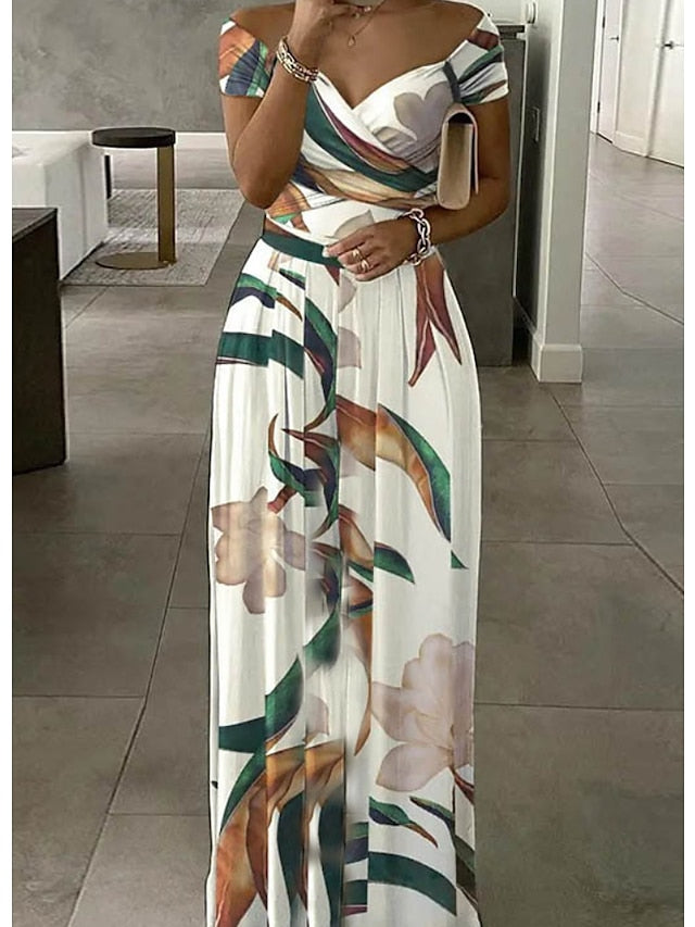 Women's Formal Party Dress Sheath Dress Long Dress Maxi Dress White Short Sleeve Floral Ruched Winter Fall Spring Off Shoulder Stylish Office Wedding Guest 2023 S M L XL XXL 3XL - LuckyFash™