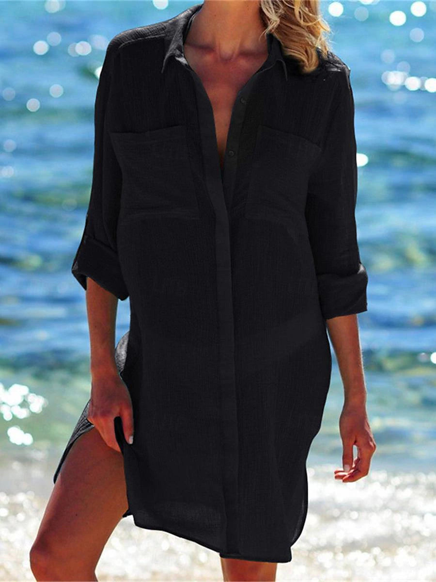 Women's White Dress Shirt Dress Cover Up Mini Dress Button Vacation Beach Basic Shirt Collar Long Sleeve Black White Navy Blue Color