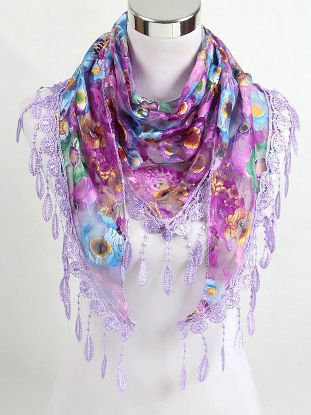 Women's Shawls & Wraps Party Blue Scarf Floral &  Long Triangle Tassel Scarf / Basic / Fall / Winter / Spring - LuckyFash™