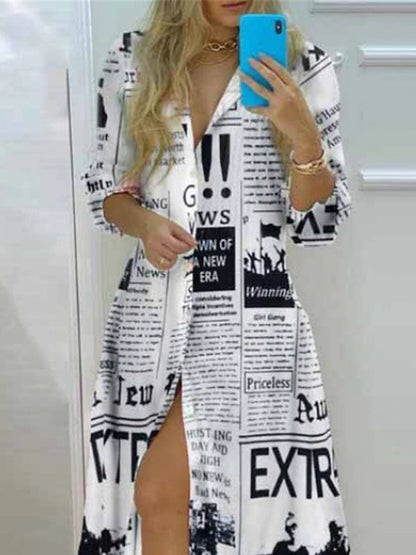 Women's Shirt Dress Casual Dress Letter Print Shirt Collar Long Dress Maxi Dress Vacation Long Sleeve Summer Spring