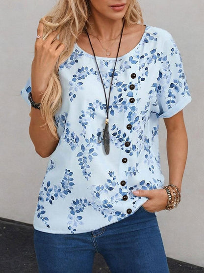 Women's Tunic Leaf Daily Button Blue Short Sleeve Daily Casual Crew Neck Summer