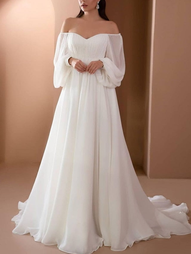 Beach Vintage Wedding Dresses A-Line Off Shoulder Long Sleeve Court Train Chiffon Bridal Gowns With Pleats Beading 2023 Summer Wedding Party, Women's Clothing - LuckyFash™