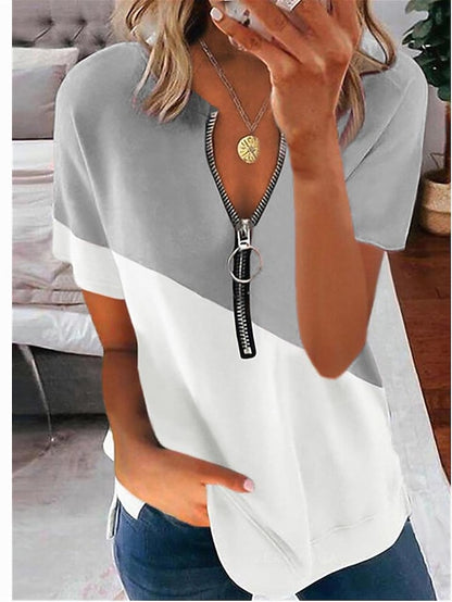 Womenâ€˜s Summer Contrast Printing V-neck Zipper Short-sleeved Shirt T-shirt Top - LuckyFash™