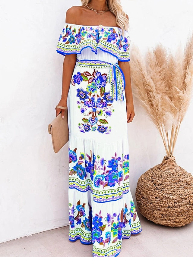 Women's Swing Dress Boho Dress Long Dress Maxi Dress Off Shoulder Black Blue Yellow Short Sleeve Floral Cold Shoulder Spring Summer Romantic Vacation Summer Dress Spring Dress 2023 S M L XL XXL XXXL - LuckyFash™