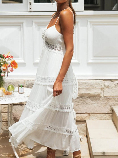 Women's White Lace Wedding Dress Boho Chic Dresses Boho Wedding Guest Dress Long Dress Maxi Dress Backless with Sleeve Date Vacation Beach A Line Strap Sleeveless White Color