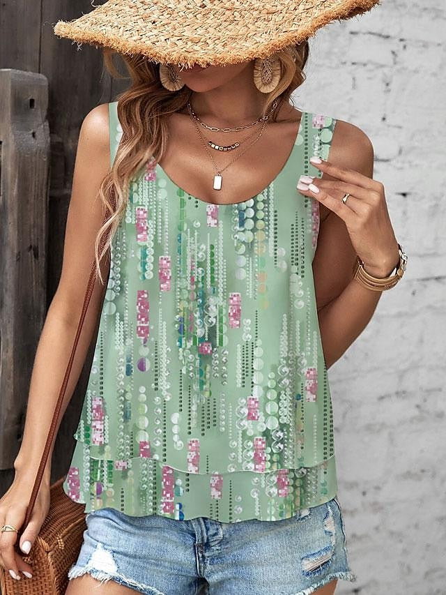 Women's Tank Top Flowy Layered Green Floral Print Casual Beachwear Vacation Tiered Sleeveless Crew Neck Summer Tank