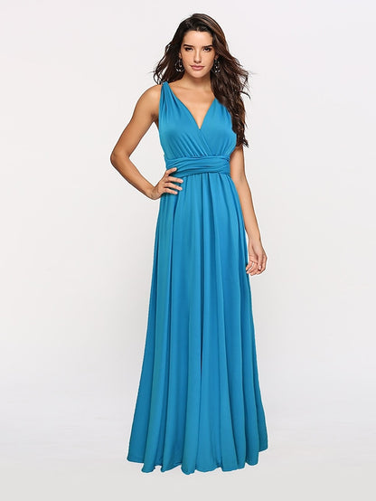 A-Line Bridesmaid Dress Halter / V Neck Sleeveless Convertible Floor Length Spandex with Sash / Ribbon / Pleats 2022 - LuckyFash™