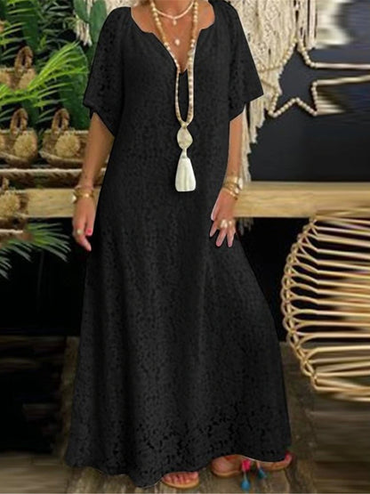 Women's White Dress Lace Dress Casual Dress Maxi long Dress Lace Patchwork Daily Date Fashion Basic Split Neck Half Sleeve Black White Color