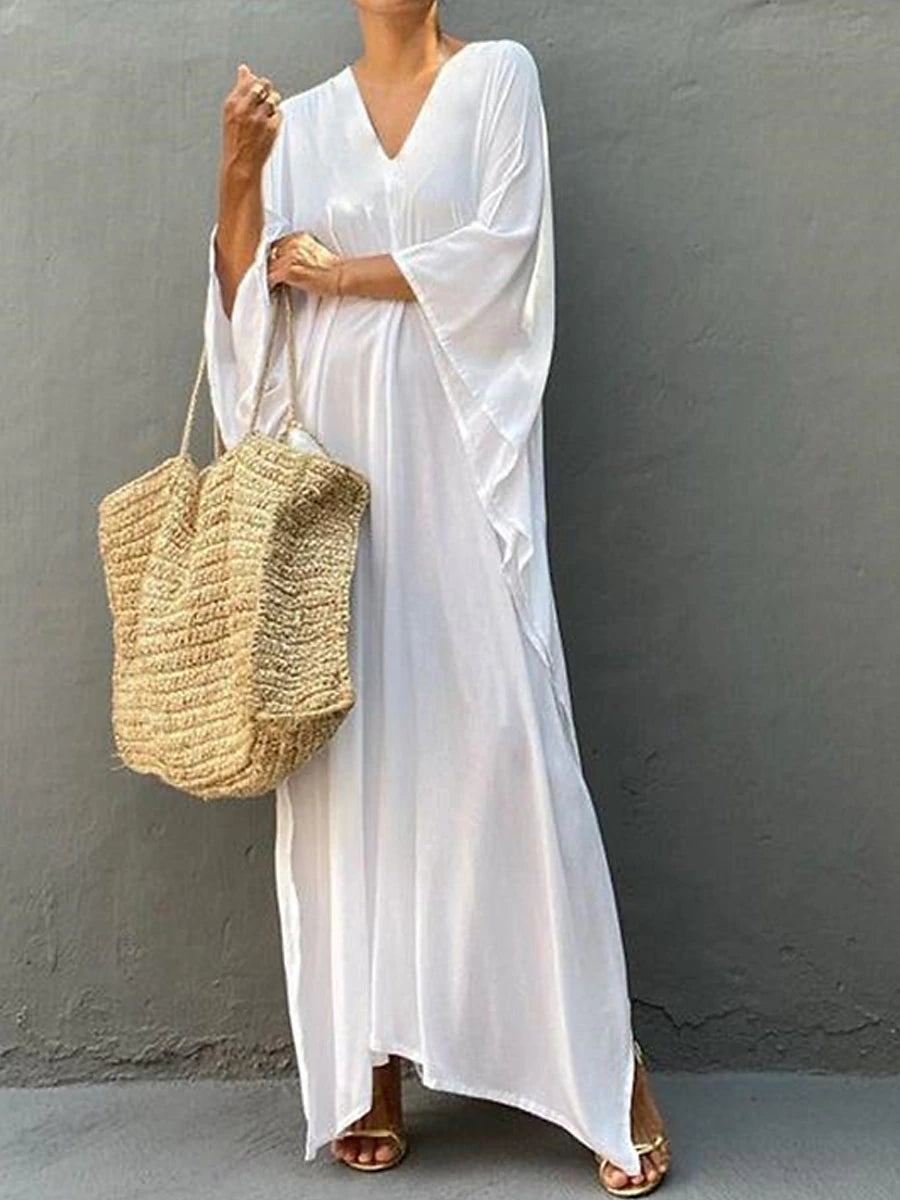 Women's White Dress Cover Up Beach Wear Maxi long Dress Split Basic Casual Plain V Neck 3/4 Length Sleeve Loose Fit Outdoor Daily White Yellow 2023 Summer Spring One Size