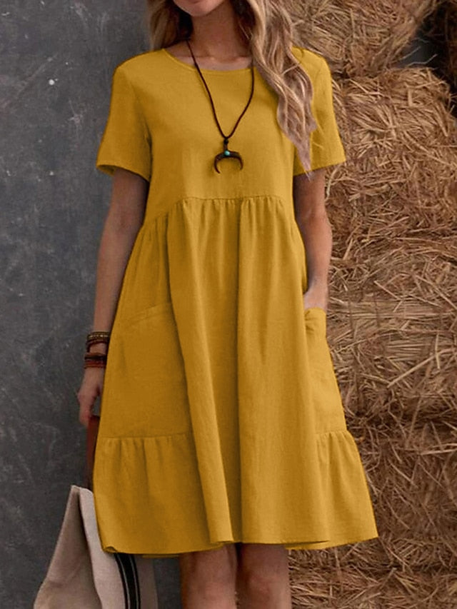 Women's Casual Dress Cotton Linen Dress Maxi long Dress Linen / Cotton Blend Fashion Street Style Daily Date Weekend Crew Neck Ruffle Pocket Short Sleeve Summer 2023 Regular Fit claret Black Yellow - LuckyFash™