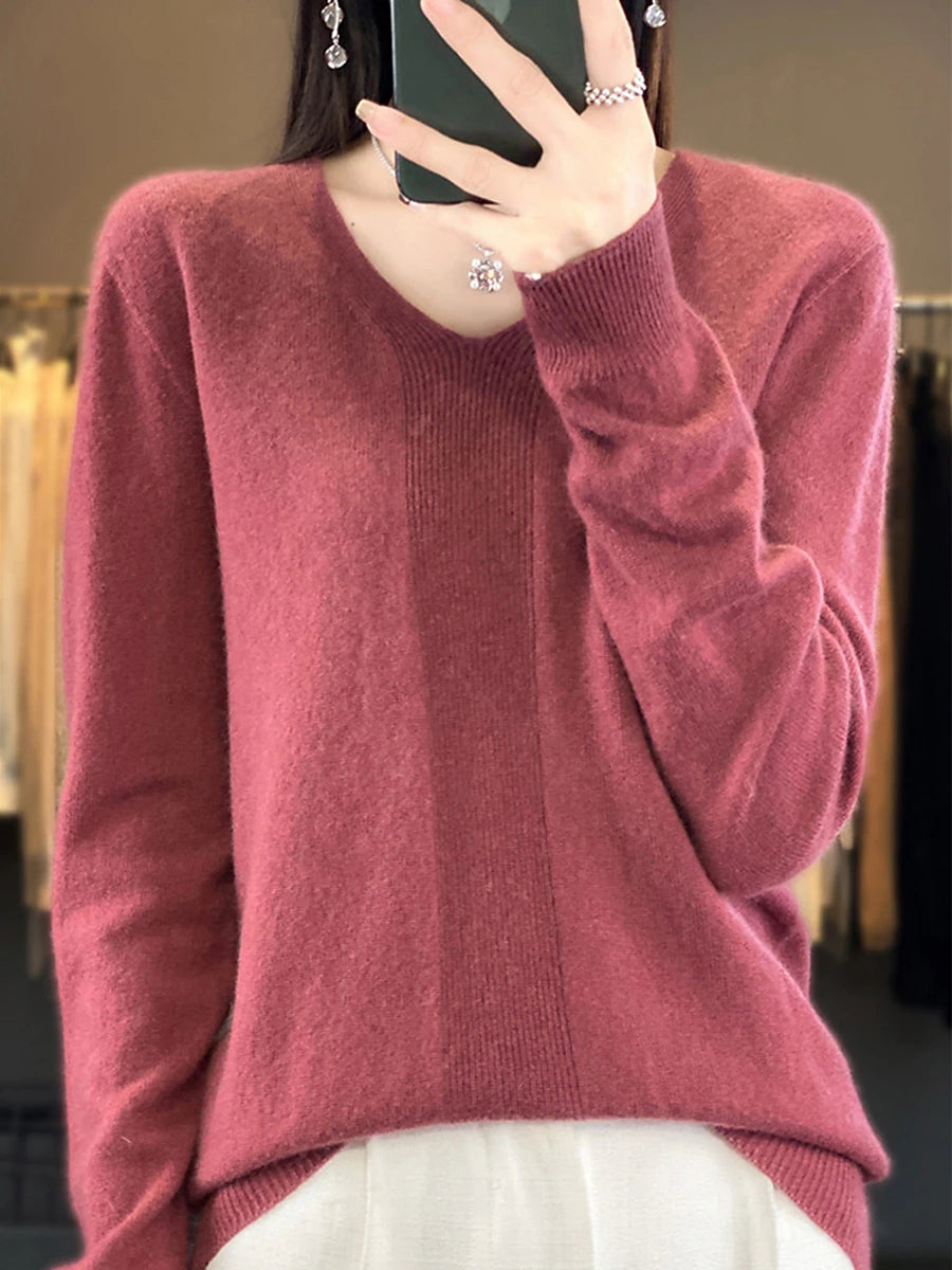 Women's Pullover Sweater Jumper V Neck Ribbed Knit Polyester Knitted Fall Winter Regular Outdoor Daily Going out Fashion Casual Soft Long Sleeve Solid Color Forest Green Cherry Red Red bean paste M L