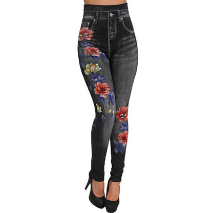 Women's Tights Leggings Jeggings Print Flower / Floral Tummy Control Butt Lift Ankle-Length Casual Weekend Faux Denim Fashion Skinny Black Blue High Waist High Elasticity