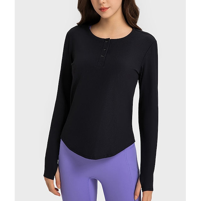 Women's Running T-Shirt Henley Shirt Solid Color Yoga Fitness Button Ribbed Black White Pink Crew Neck Long Sleeve High Elasticity Spring &  Fall