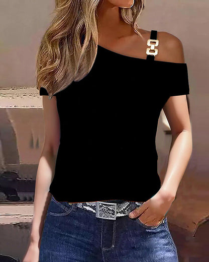 Women's T shirt Tee Galaxy Color Block Plain Work Casual Print Cold Shoulder Black Short Sleeve Casual Off Shoulder Cold Shoulder