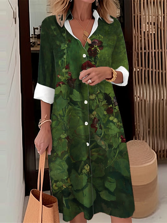 Women's Shirt Dress Casual Dress Midi Dress Date Vacation Polyester Modern Casual Shirt Collar Print Button Long Sleeve Fall Winter Loose Fit ArmyGreen Purple Green Floral S M L XL 2XL