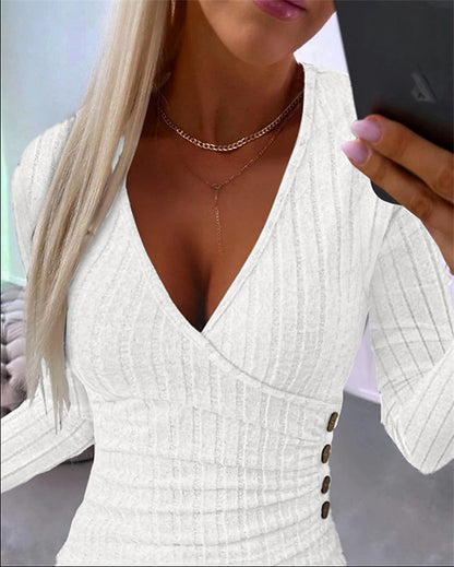 Women's Shirt Blouse Ribbed Plain Casual Button White Long Sleeve Fashion V Neck Spring &  Fall