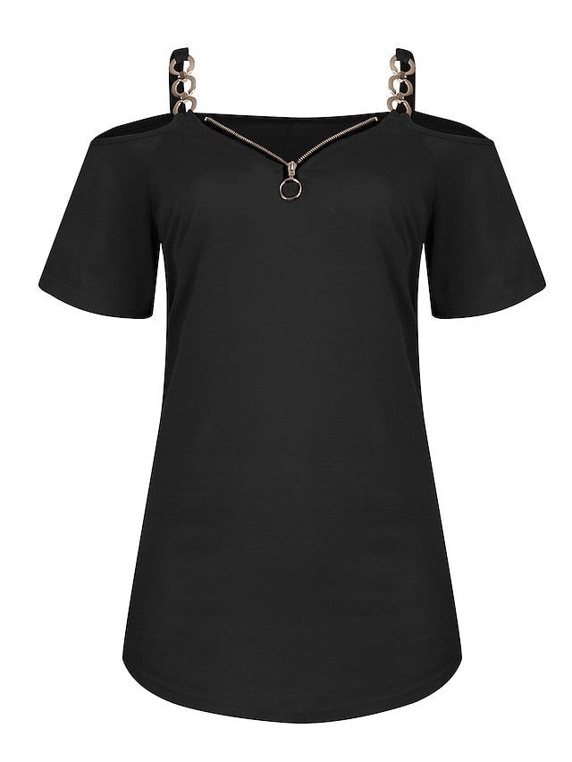 Women's T shirt Tee Tunic Black Wine Navy Blue Plain Cold Shoulder Quarter Zip Short Sleeve Casual Weekend Basic V Neck Regular S - LuckyFash™